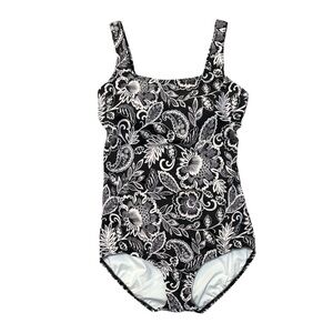 Lands' End Black White One Piece Swimsuit Classic Floral Design